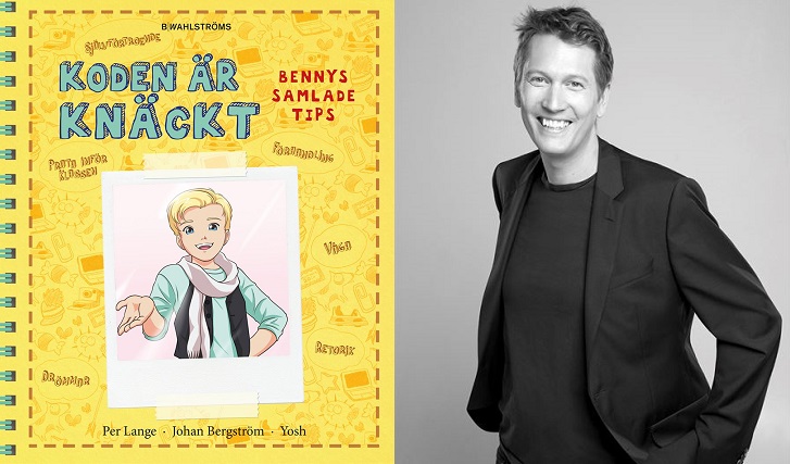 En bild på omslaget till boken och en på författare. Framsidan på boken föreställer en tecknad bild av Benny. Han har kort hår, ser glad ut och har en sjal runt halsen. Författaren Per ser ut att vara ungefär 40 år. Han har kavaj på sig och ler stort.